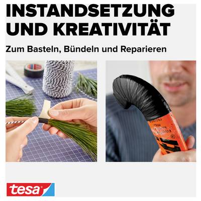 'Instandsetzung und Kreativität' zeigt eine Person beim Basteln mit Klebeband und Garn, untertitelte Anwendungsideen.