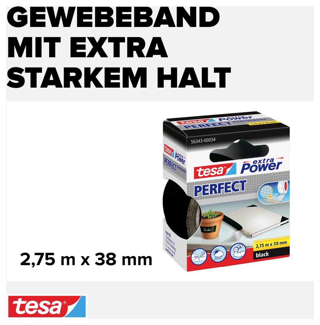 'Gewebeband mit extra starkem Halt, 2,75 m x 38 mm, schwarz' auf Verpackung von Tesa.