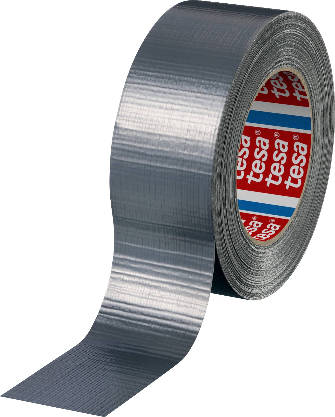 Eine Rolle silbernes Klebeband mit teilweise abgerolltem Streifen. Markenaufdruck innen sichtbar.