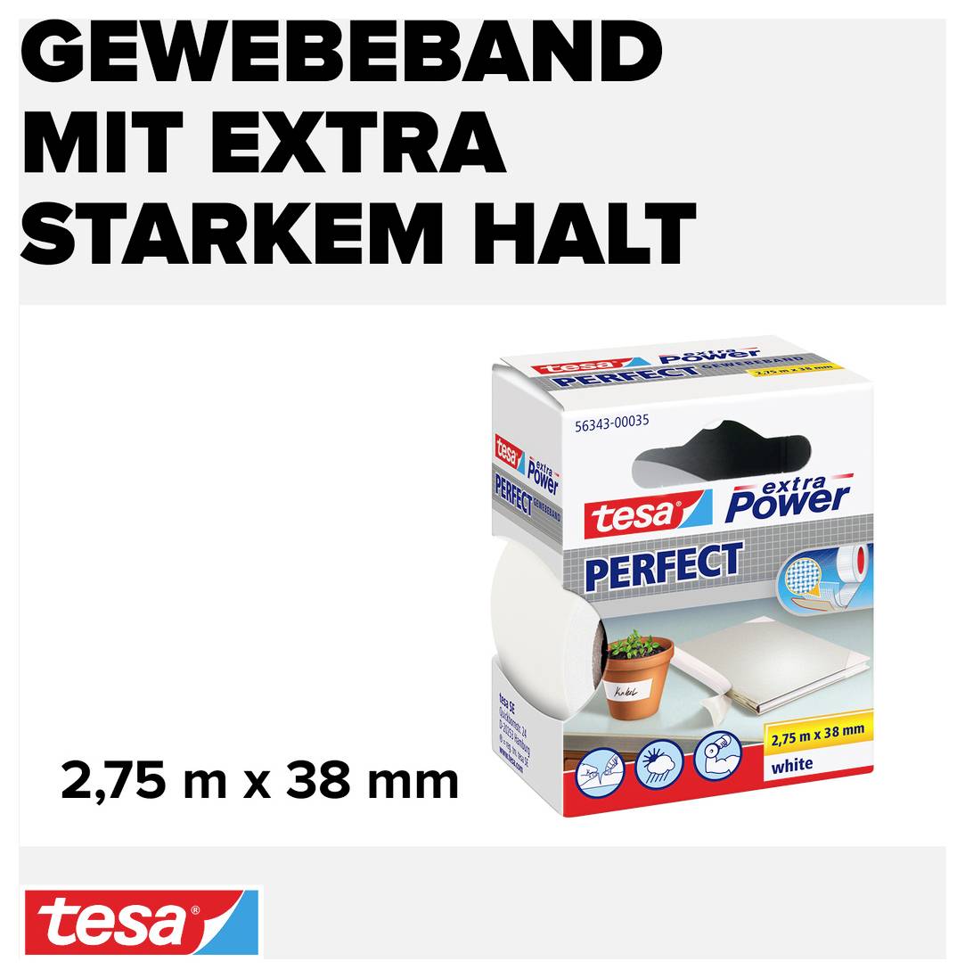 'Gewebeband mit extra starkem Halt', ein Karton mit weißem Klebeband, 2,75 m x 38 mm.