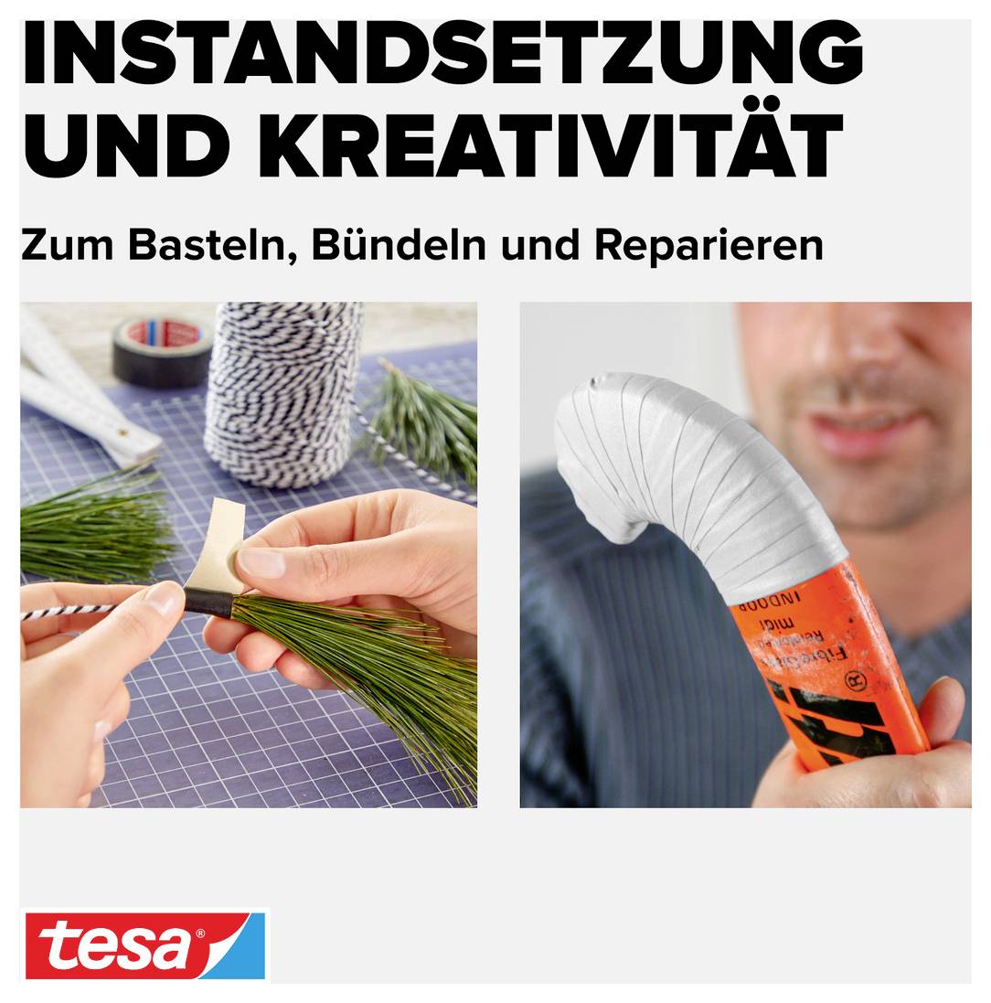 'Instandsetzung und Kreativität: Zum Basteln, Bündeln und Reparieren.' Zwei Bilder zeigen Hände, die Materialien mit Klebeband bearbeiten.