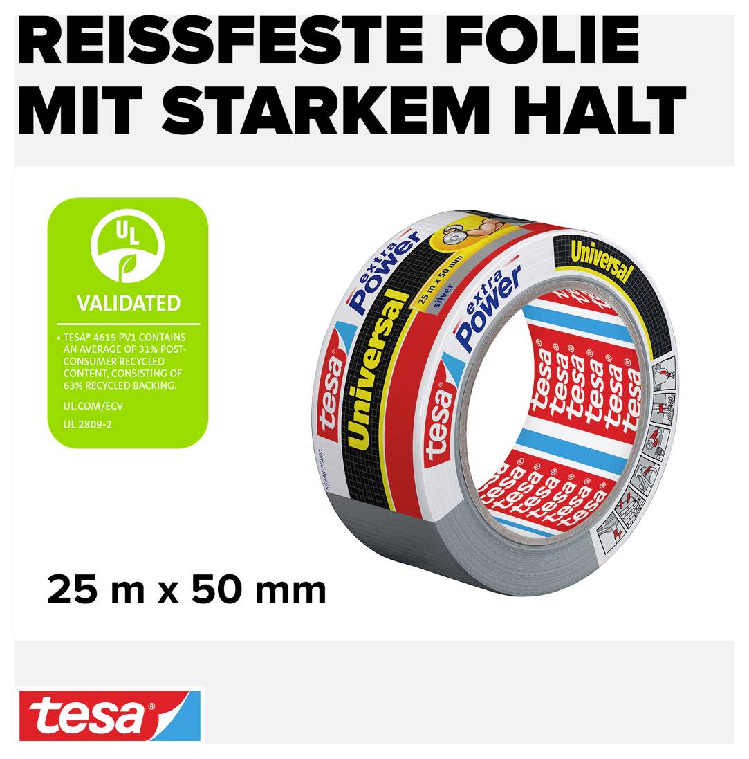 'REISSFESTE FOLIE MIT STARKEM HALT' zeigt Tesa-Klebebänder, 25 m x 50 mm. Enthält 65 % recycelte Materialien, UL validiert.