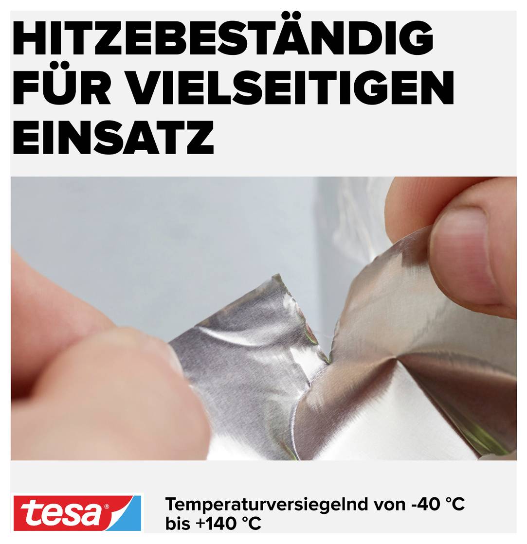 'Zwei Hände kleben hitzebeständige Aluminiumfolie; geeignet für Temperaturen von -40 °C bis +140 °C. Markenlogo unten links.'