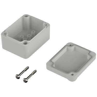 Zweiteiliges Kunststoffgehäuse, geöffnet. Gehäuseteil mit Schraublöchern und erhöhter Struktur, zwei silberne Schrauben daneben.