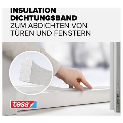 Eine Hand zeigt auf einen Türrahmen, neben dem Text 'Insulation Dichtungsband zum Abdichten von Türen und Fenstern', sowie das tesa-Logo.
