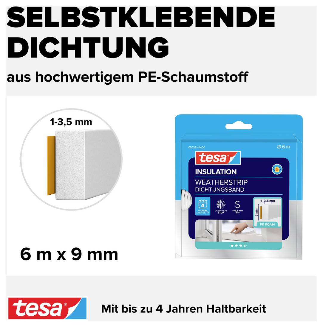 'Selbstklebende Dichtung' aus PE-Schaumstoff, Dicke 1-3,5 mm, 6 m x 9 mm. Verpackungsbild von Tesa mit Hinweis auf Haltbarkeit bis 4 Jahre.