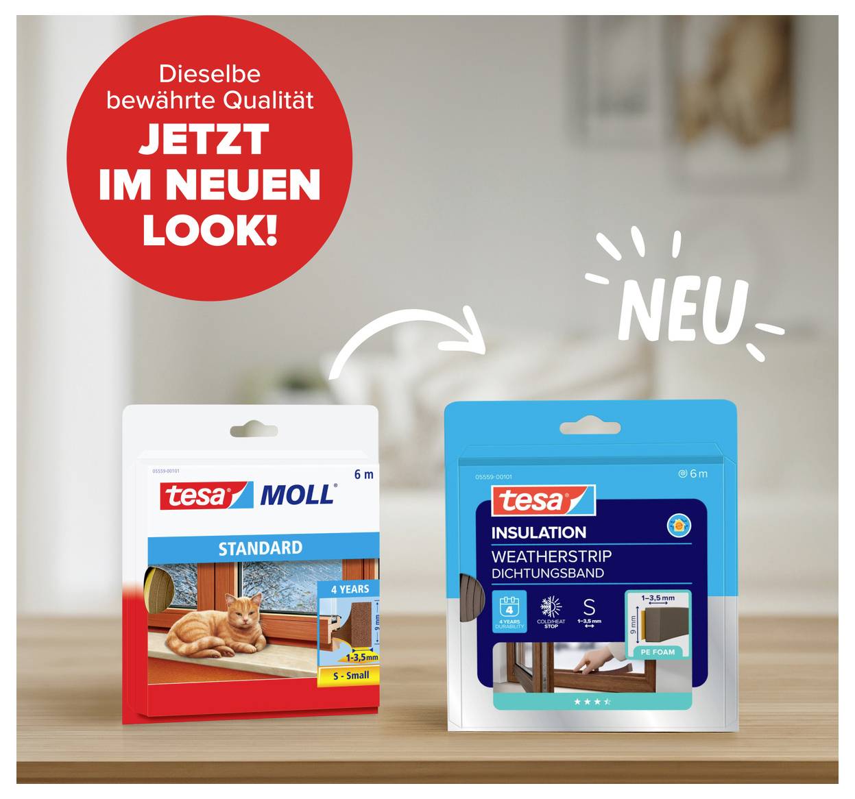 Tesa-Produkte in neuer Verpackung: 'Moll Standard' und 'Insulation Weatherstrip', beide zur Abdichtung von Türen und Fenstern.