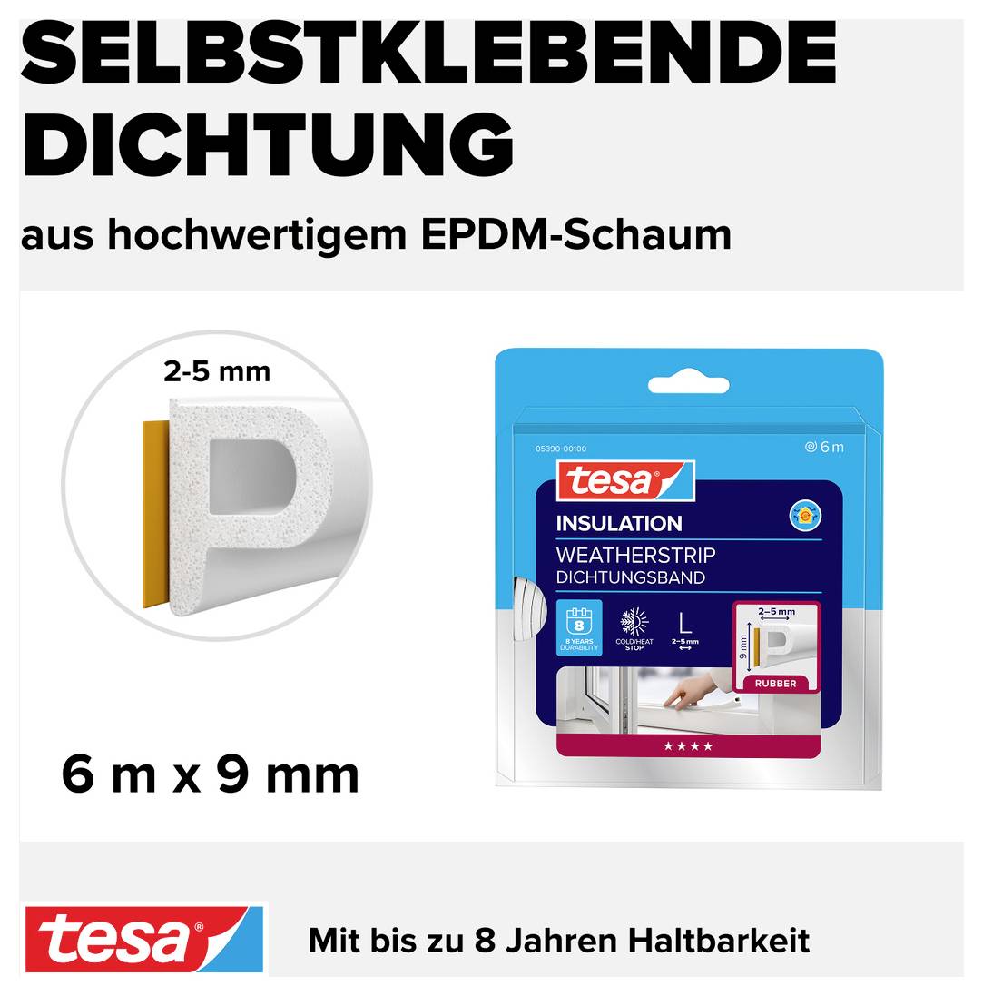 'Selbstklebende Dichtung aus EPDM-Schaum, 6 m x 9 mm, hält bis zu 8 Jahre. Eignet sich für Türen und Fenster als Wetterschutz.'