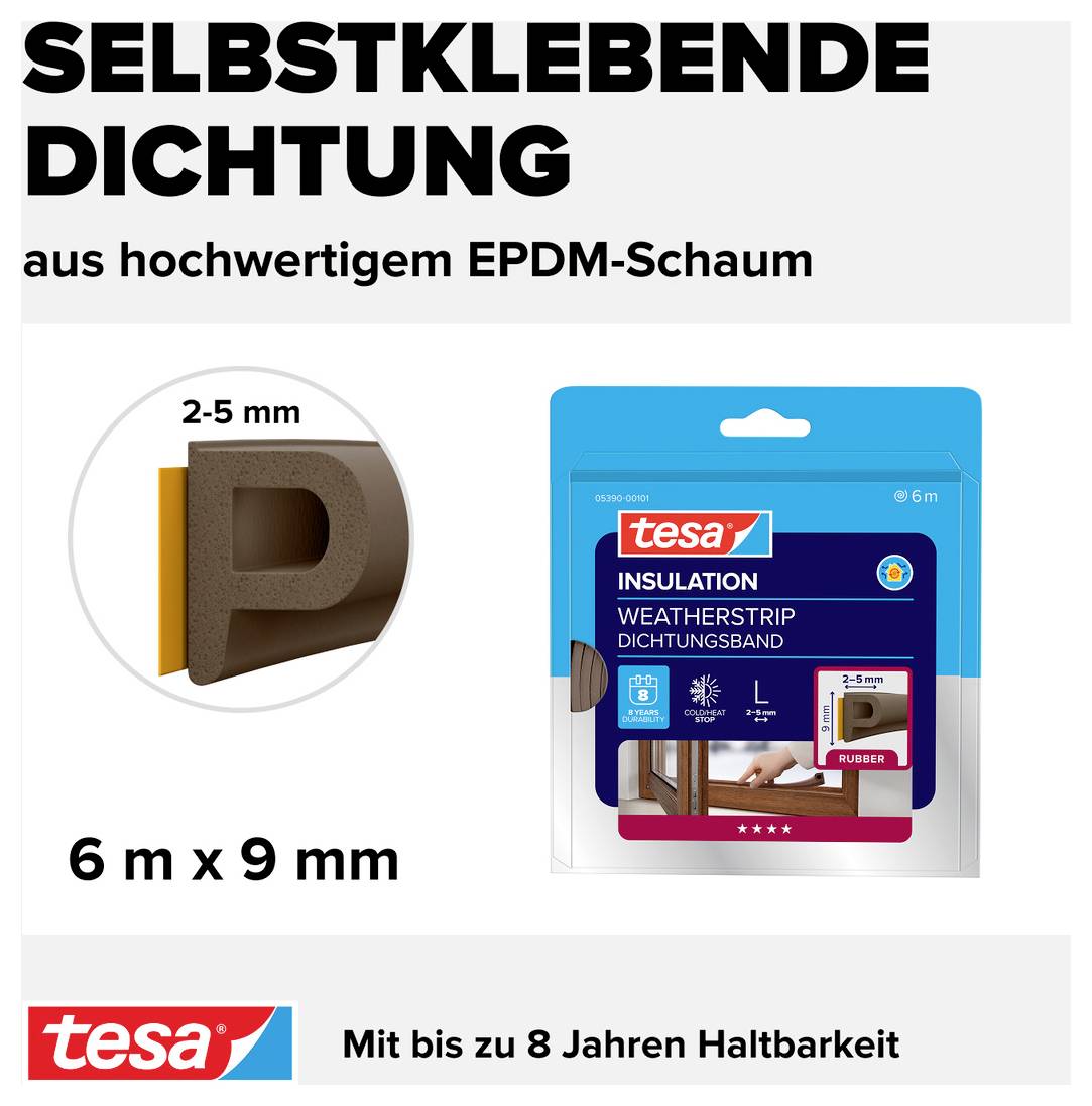 'Selbstklebende Dichtung aus hochwertigem EPDM-Schaum, 2-5 mm stark, 6 m x 9 mm. Bis zu 8 Jahren Haltbarkeit.'