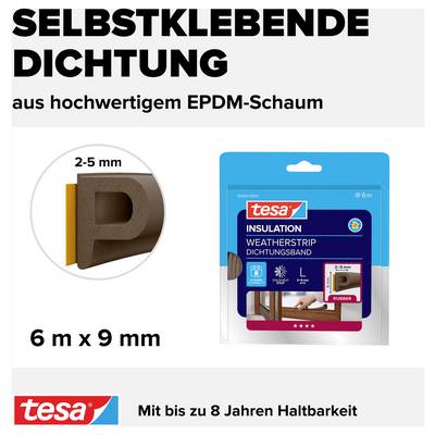 'Selbstklebende Dichtung aus hochwertigem EPDM-Schaum, 2-5 mm stark, 6 m x 9 mm. Bis zu 8 Jahren Haltbarkeit.'