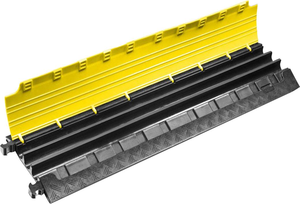 Ein schwarzer Kabelschutz mit gelber Deckplatte aus Kunststoff, der Kabel vor Beschädigung schützt und Stolperfallen vermeidet.