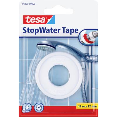"StopWater Tape" Verpackung zeigt einen Duschkopf und eine Rolle Band, wobei die Wasserfestigkeit hervorgehoben wird. Verpackungsabmessungen: 12m x 12mm.
