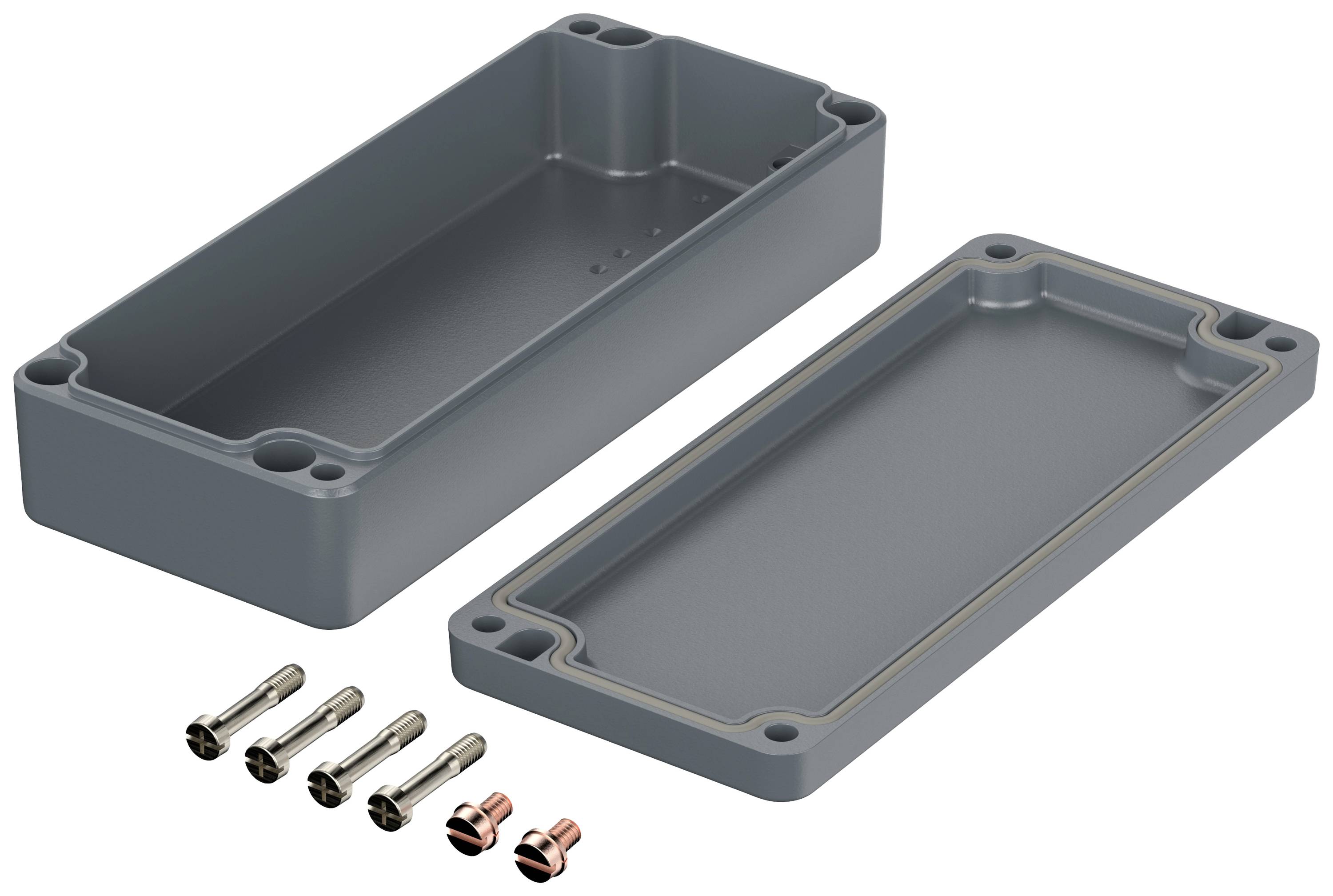 Gehäuse aus Kunststoff, bestehend aus zwei Teilen. Enthält vier Metallstifte und zwei Kupferkontakte. Geeignet für technische Anwendungen.
