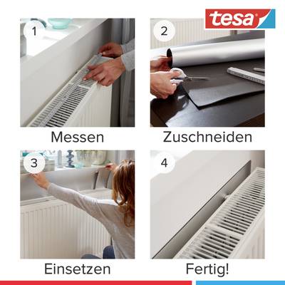 'Vier Schritte zum Anbringen eines Tesa Wärme-Reflektors: Messen, Zuschneiden, Einsetzen, Fertig!'