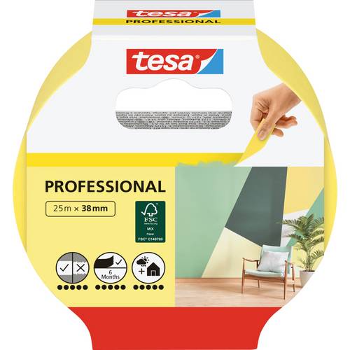 tesa Malerband Professional, 25 m x 38 mm – scharfe Farbkanten, leicht ablösbar, rückstandsfrei