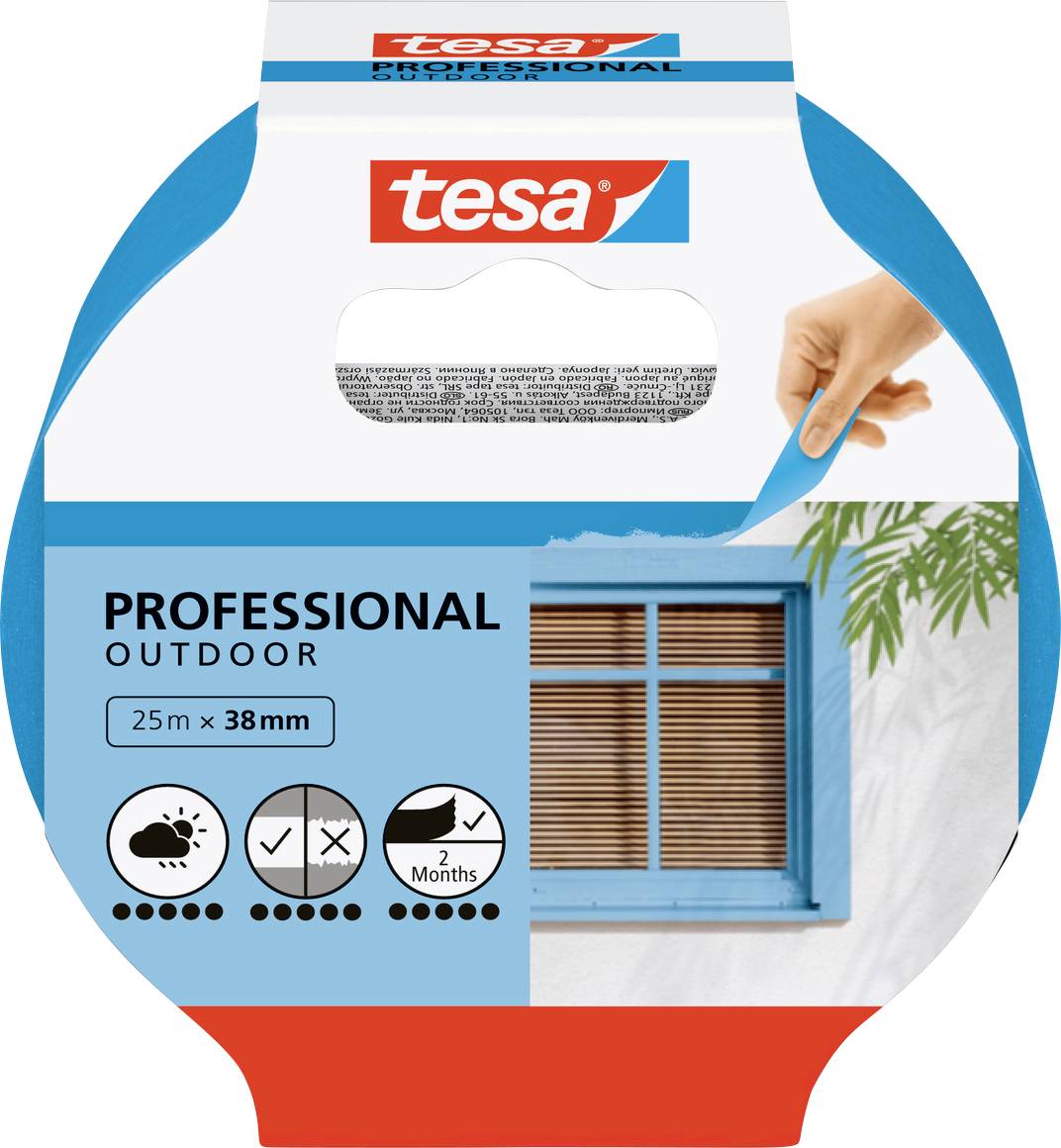 Das Bild zeigt eine Rolle blaues tesa 'Professional Outdoor' Klebeband, Größe 25m x 38mm, speziell für den Außeneinsatz entwickelt, mit Wettersymbolen und einem Fensterbildchen.