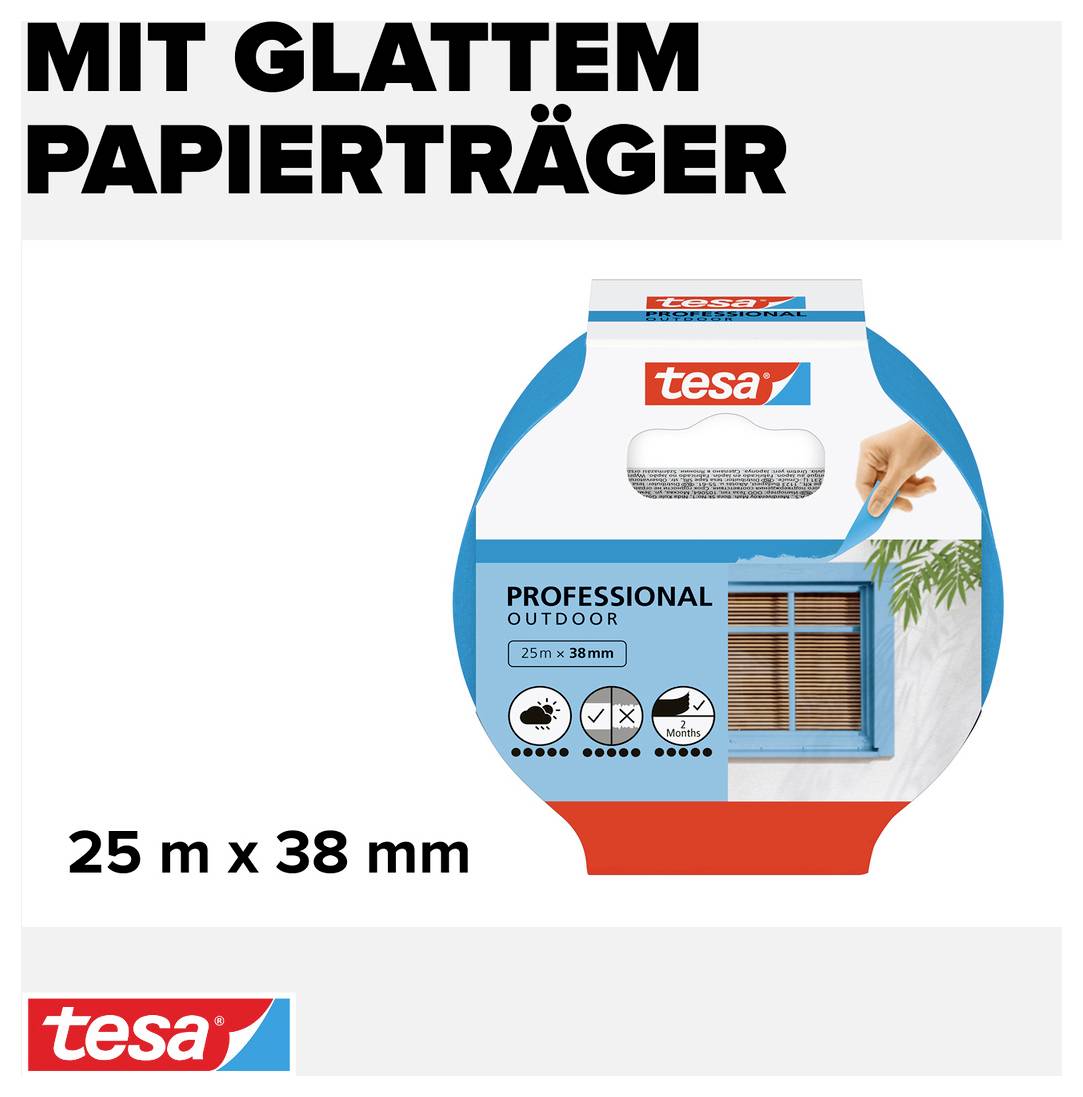 Klebeband-Werbung mit Aufschrift 'Mit glattem Papierträger'. Verpackung zeigt Band und Bild eines Fensters. Größe: 25 m x 38 mm.
