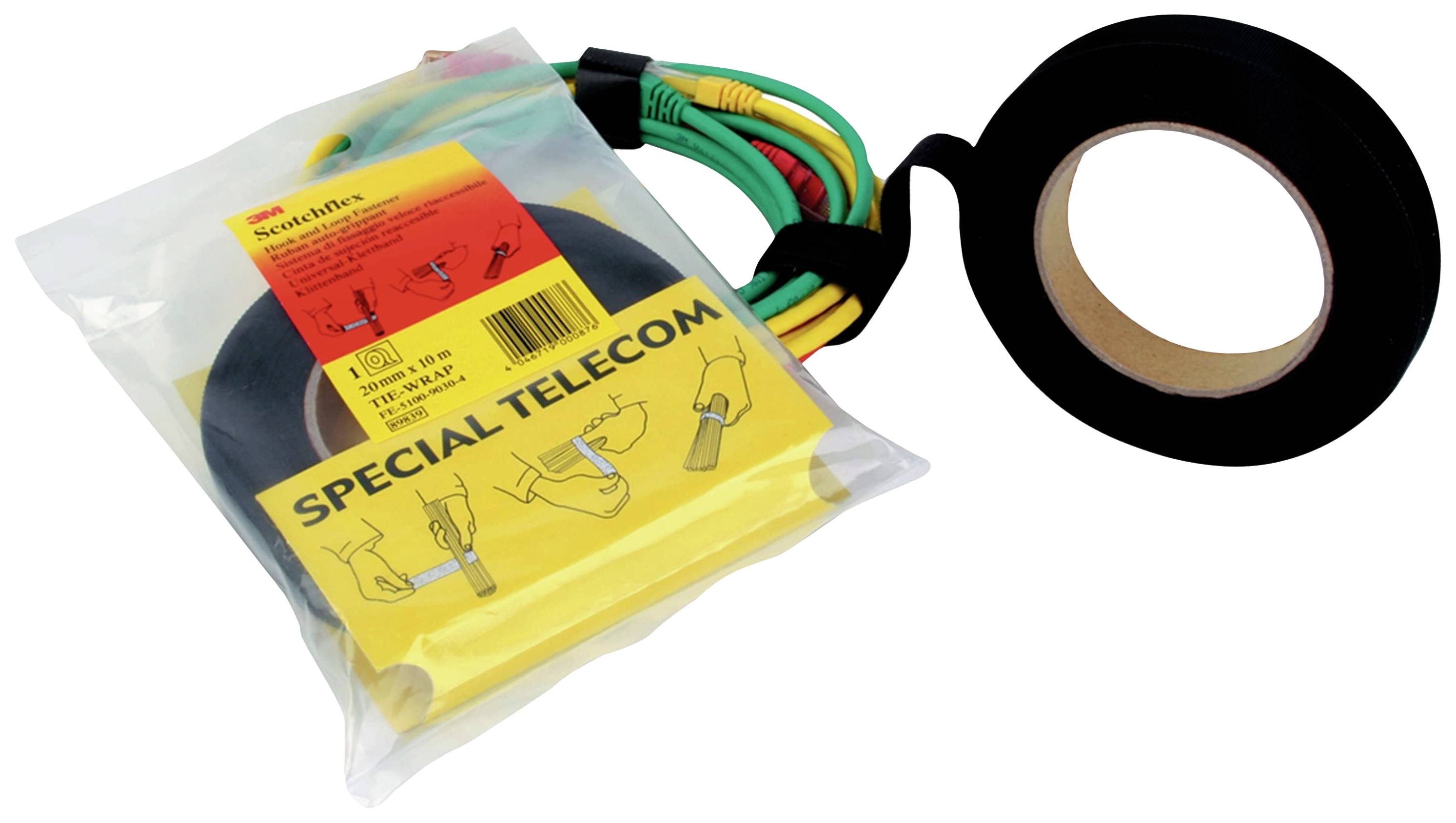 'Scotch Special Telecom'-Klebebandpaket und schwarze Klebebandrolle; geeignet für Kabelmanagement und Elektrowerkzeuge.