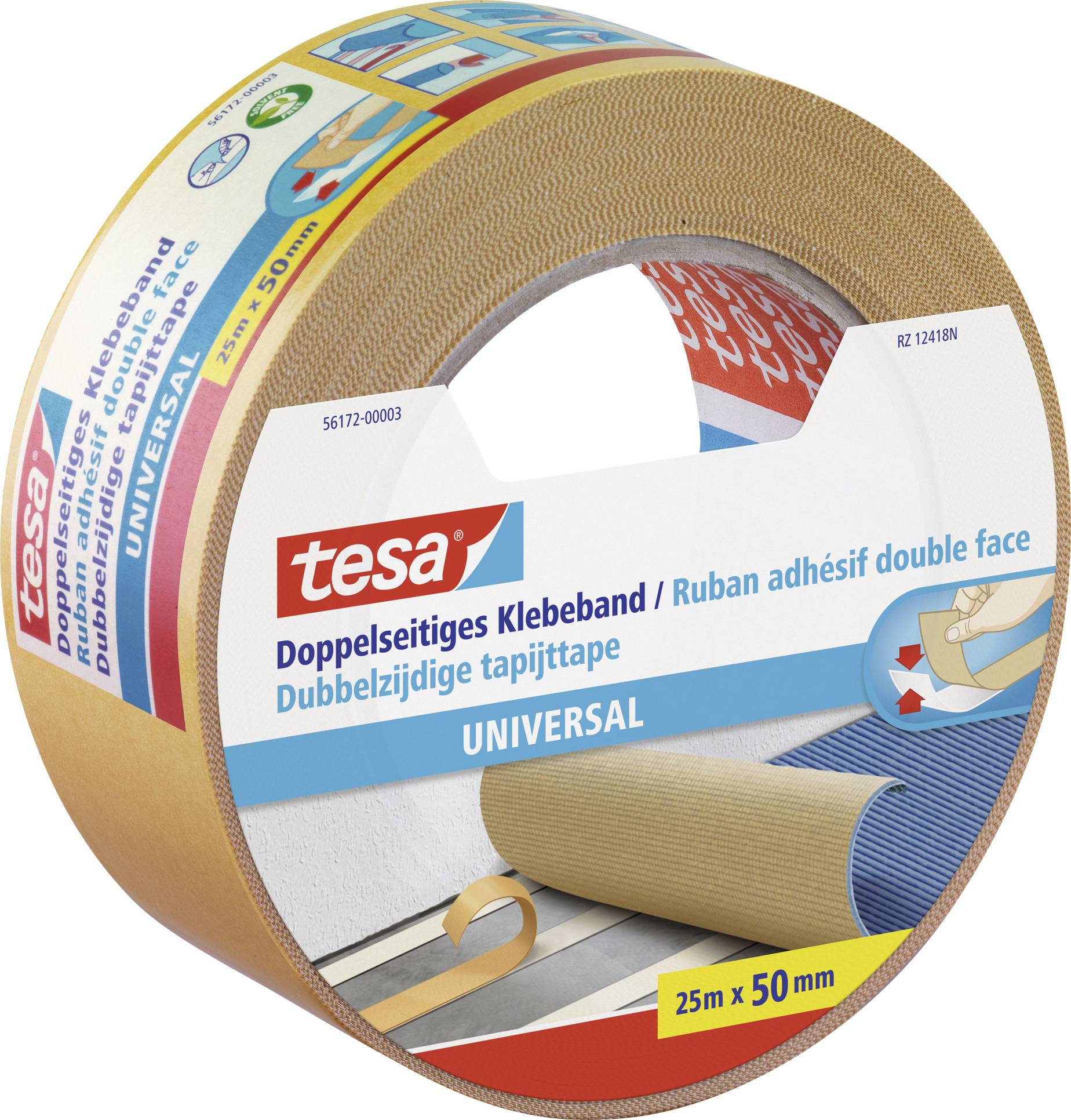 Rolle doppelseitiges Klebeband der Marke 'tesa', 25 m x 50 mm. Verpackung zeigt Anwendungsmöglichkeiten auf verschiedenen Oberflächen.