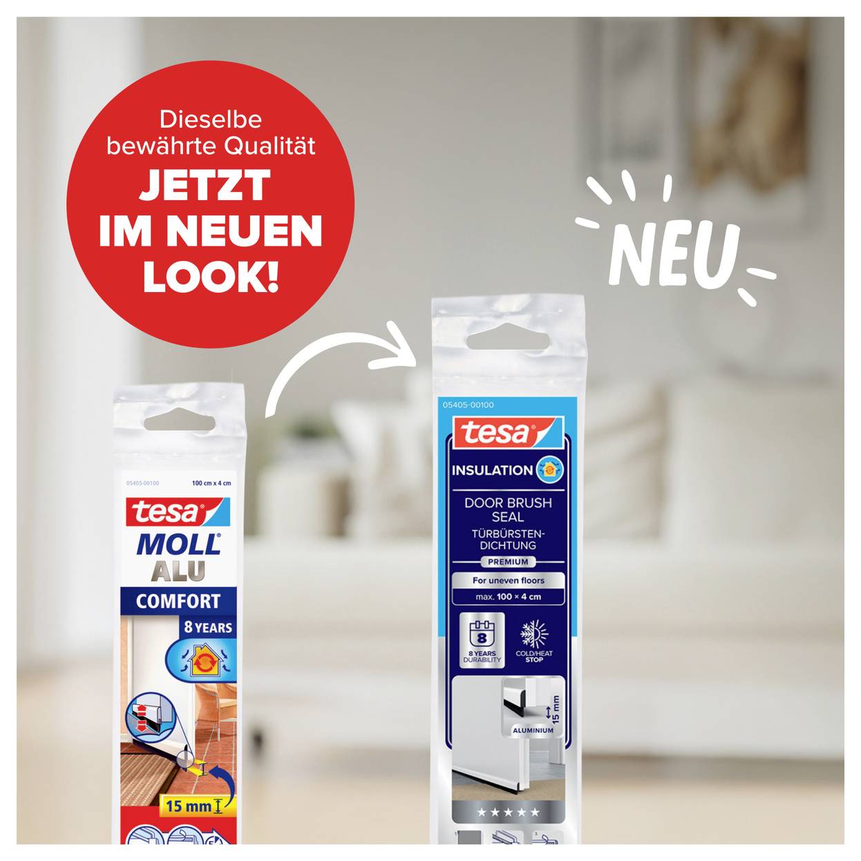 'Links: Tesa Comfort Alu Dichtungsband, 8 Jahre, 15 mm x 7 m. Rechts: Tesa Insulation Door Brush Seal, neu, Türdichtungs-Set für Zugluftschutz.'
