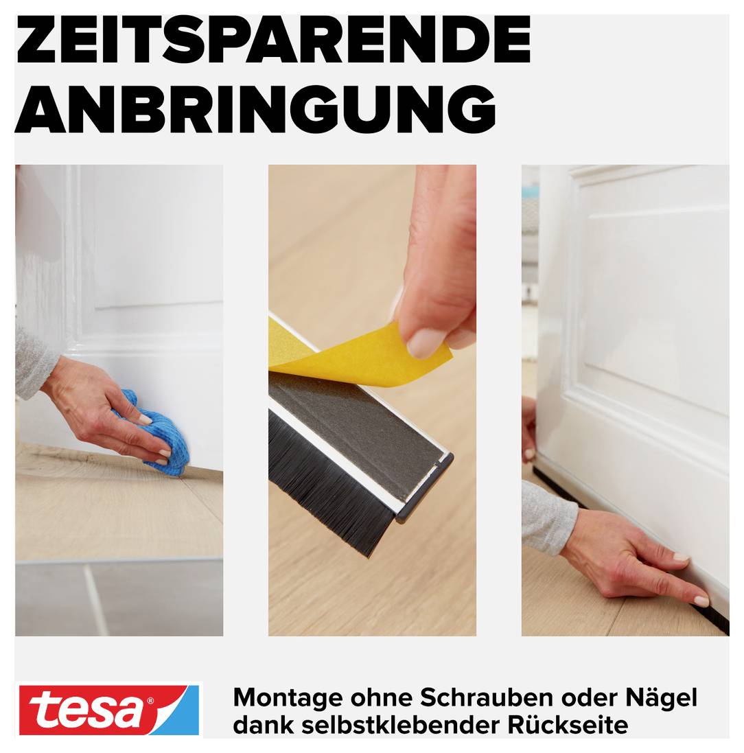 Drei Bilder zeigen die Anwendung eines selbstklebenden Türdichtungsstreifens: Reinigen, Aufkleben, Abdichten der Türunterkante.