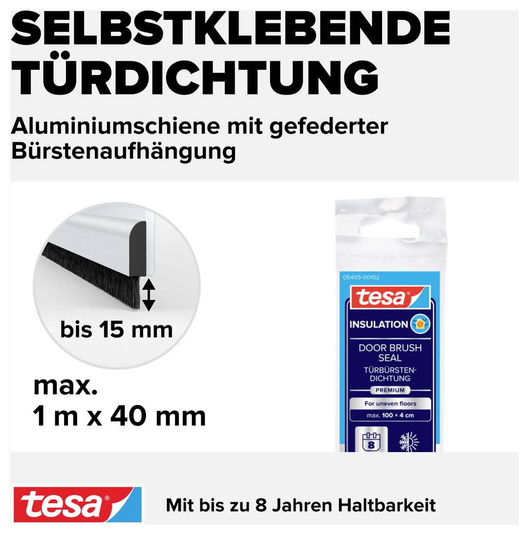 'Selbstklebende Türdichtung mit Aluminium und federnden Borsten, bis 15 mm Spaltabdeckung. Maße: max. 1 m x 40 mm. Haltbarkeit bis 8 Jahre.'