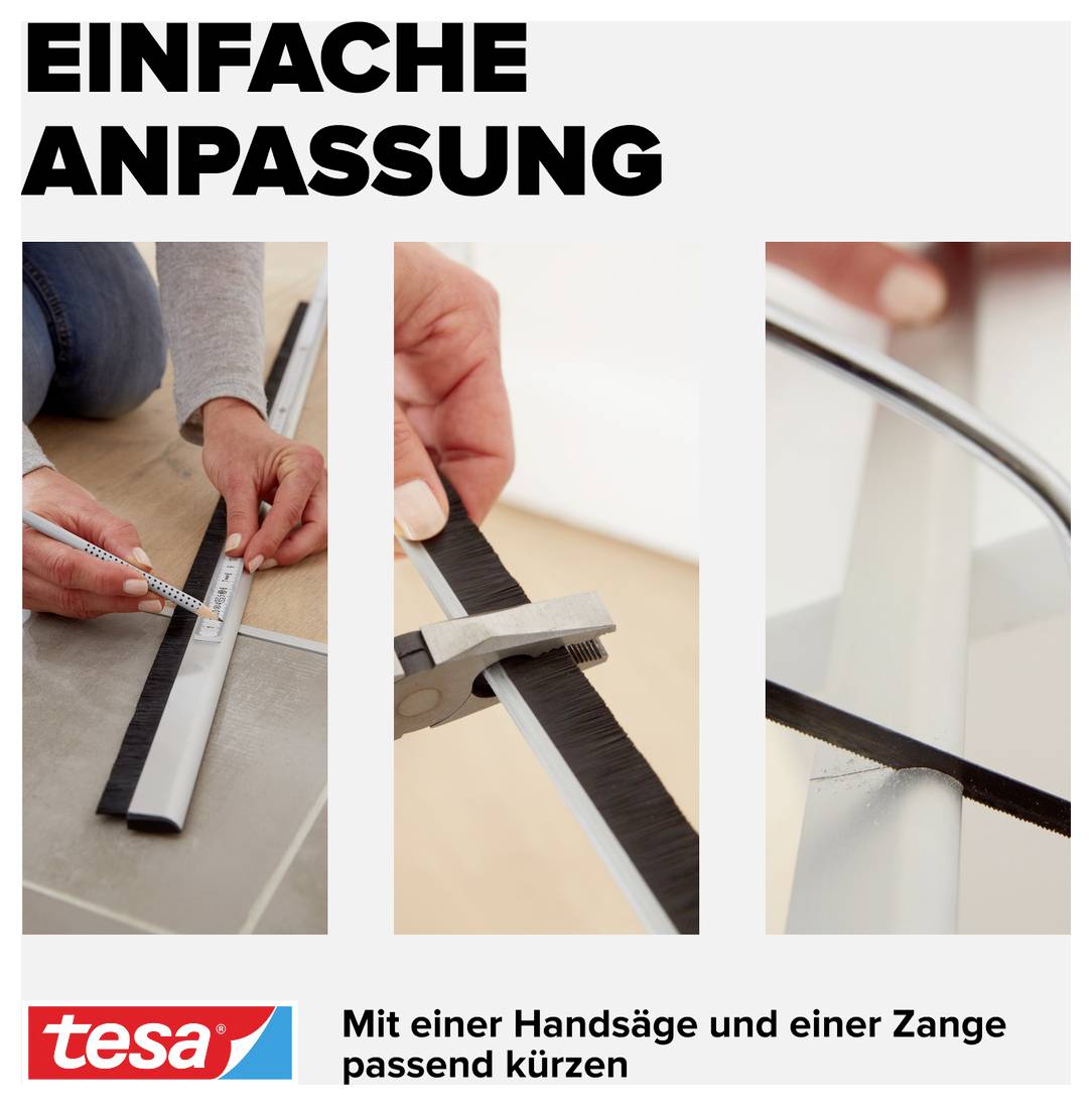 'Drei Schritte zur einfachen Anpassung einer Türbürste: Messen, Sägen mit einer Handsäge, Befestigen. Markenlogo unten links.'