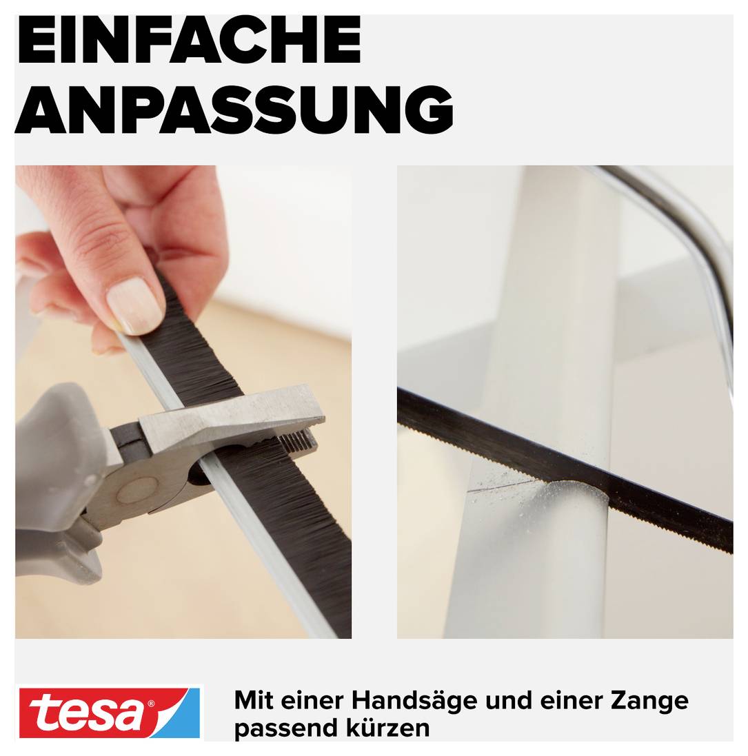 'Zwei Bilder zeigen die Anpassung eines Objekts: Schneiden mit Handsäge und Zange. Produkt von tesa unten links im Bild.'