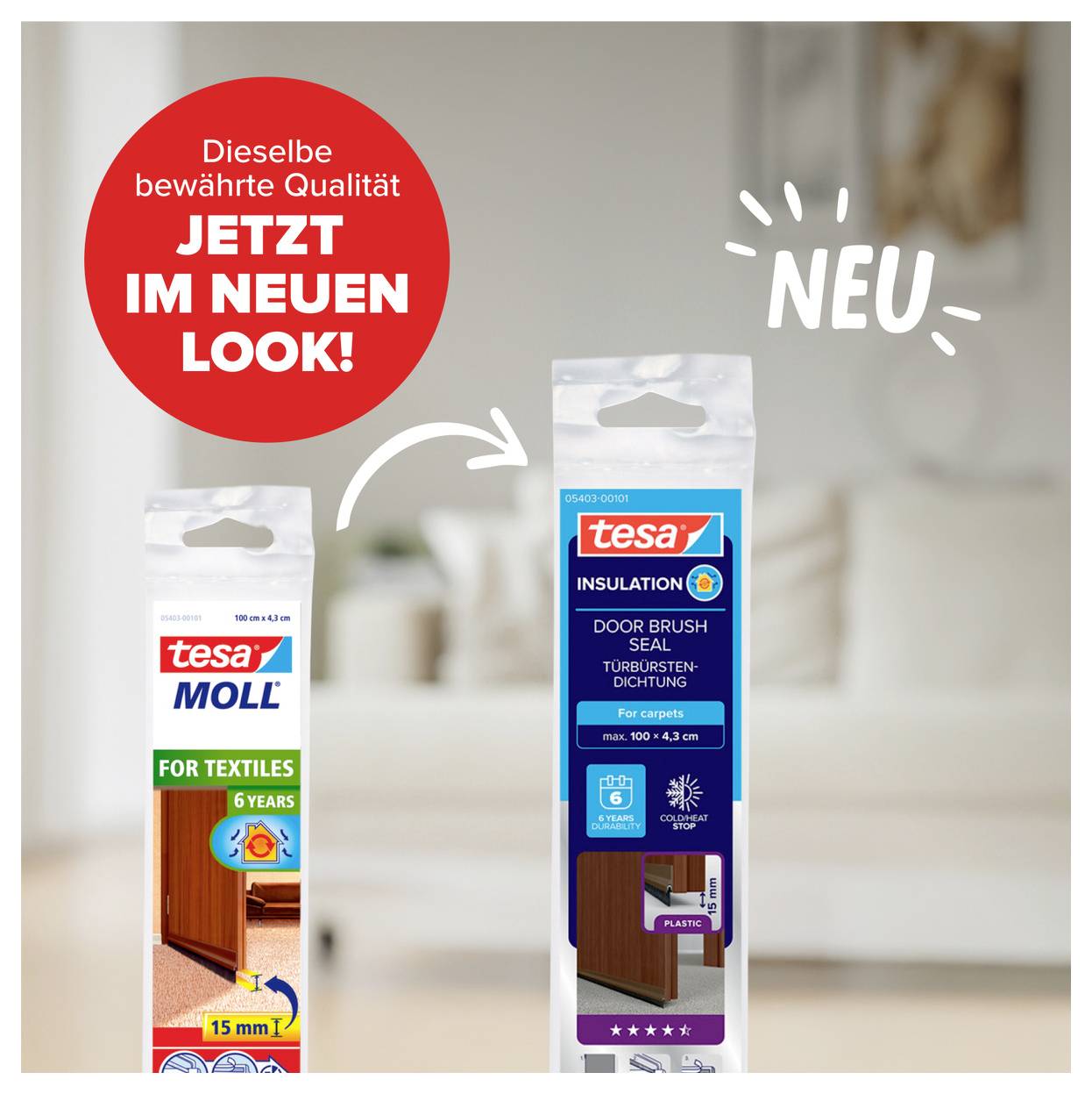 'Zwei Verpackungen von tesa Dichtungssystemen, links der alte Look, rechts der neue. Text: Dieselbe bewährte Qualität JETZT IM NEUEN LOOK!'