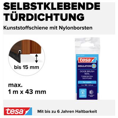 'Selbstklebende Türdichtung mit Nylonborsten bis 15 mm, max. 1 m x 43 mm, für Teppiche. Mit bis zu 6 Jahren Haltbarkeit.'