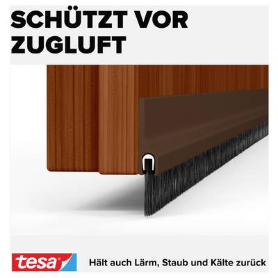 'Schützt vor Zugluft' unter Bild eines Türdichtungsstreifens; verhindert Lärm, Staub, Kälte; Marke Tesa betont.
