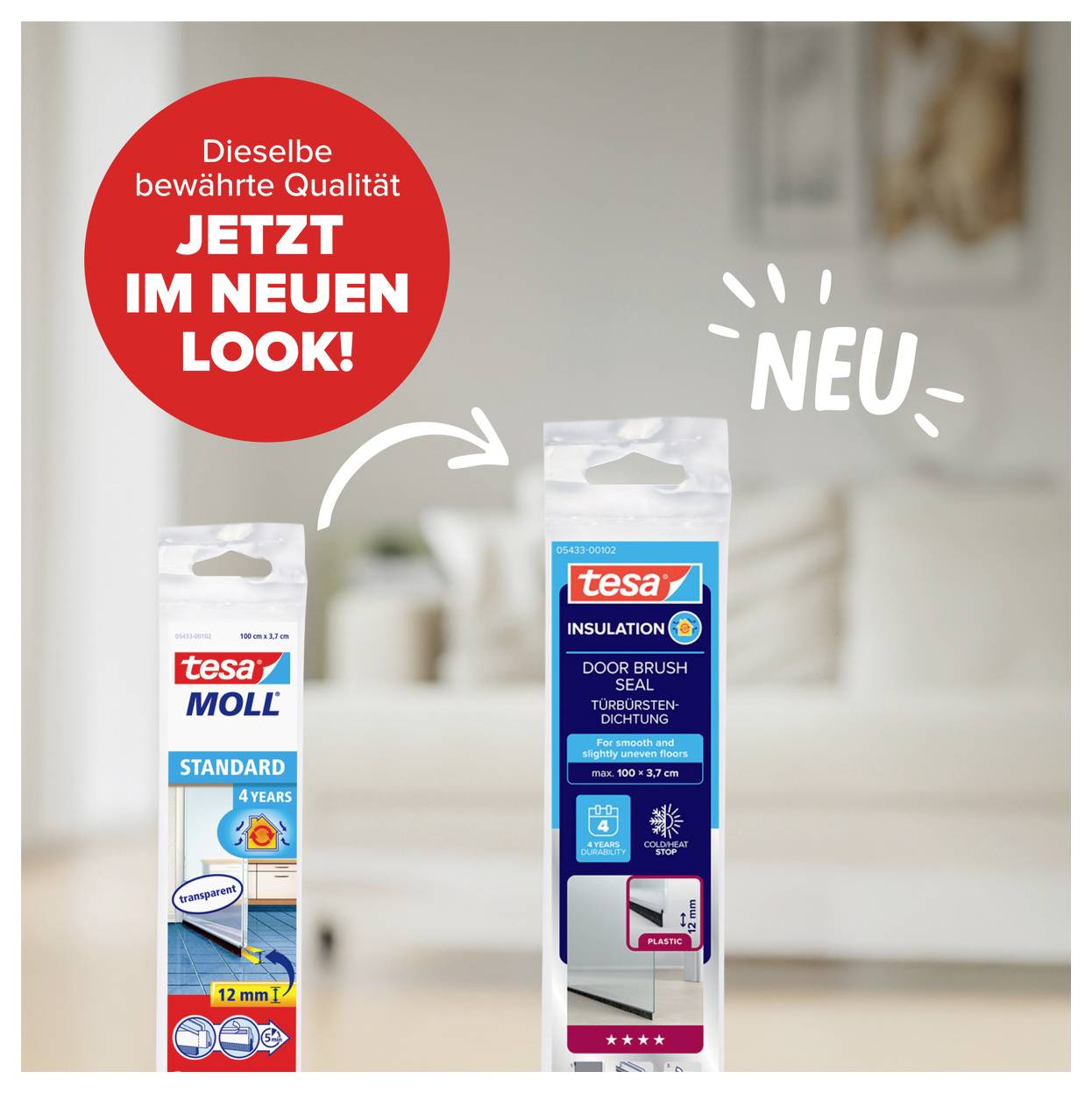 'Zwei Packungen Türedichtungen von Tesa: Links Standard, rechts im neuen Aussehen. Beide für Zugluftschutz, halten bis zu 4 Jahre.'