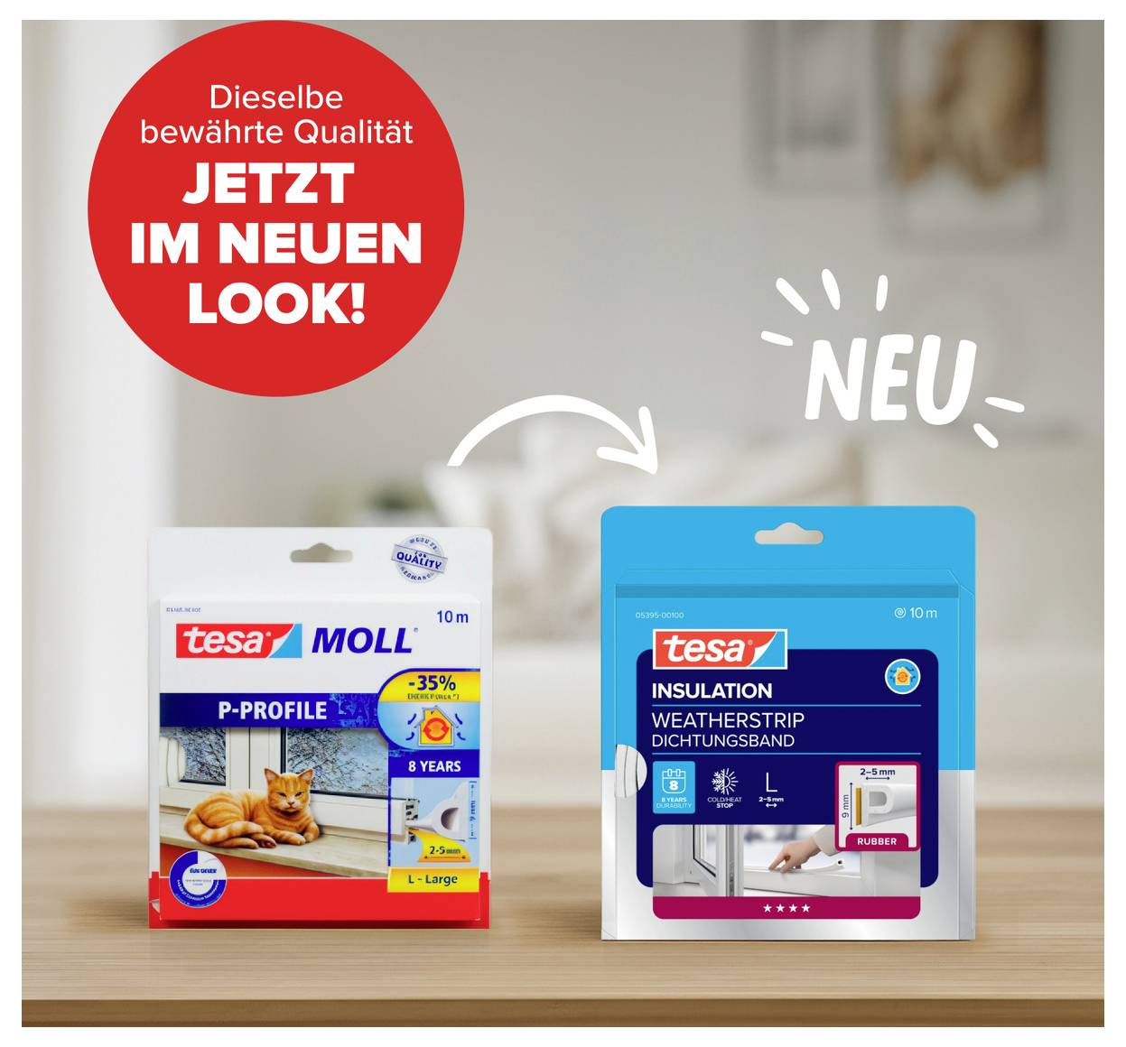 'Zwei Verpackungen von Tesa-Dichtungsbändern. Links: ältere Version mit Katzenbild. Rechts: neue Version im modernen Design.'