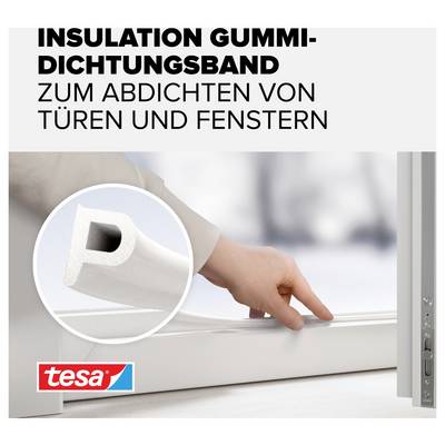 Eine Person installiert ein weißes Gummidichtungsband an einem Fensterrahmen, mit Text 'Insulation Gummidichtungsband zum Abdichten von Türen und Fenstern'.