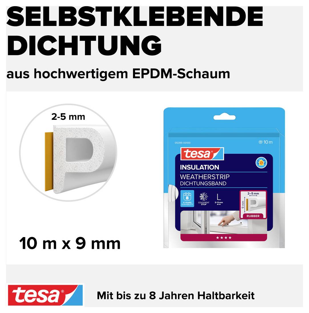 Selbstklebendes Dichtungsband von tesa mit EPDM-Schaum, 10 m Länge, 9 mm Breite; hält bis zu 8 Jahre; für Fenster und Türen.