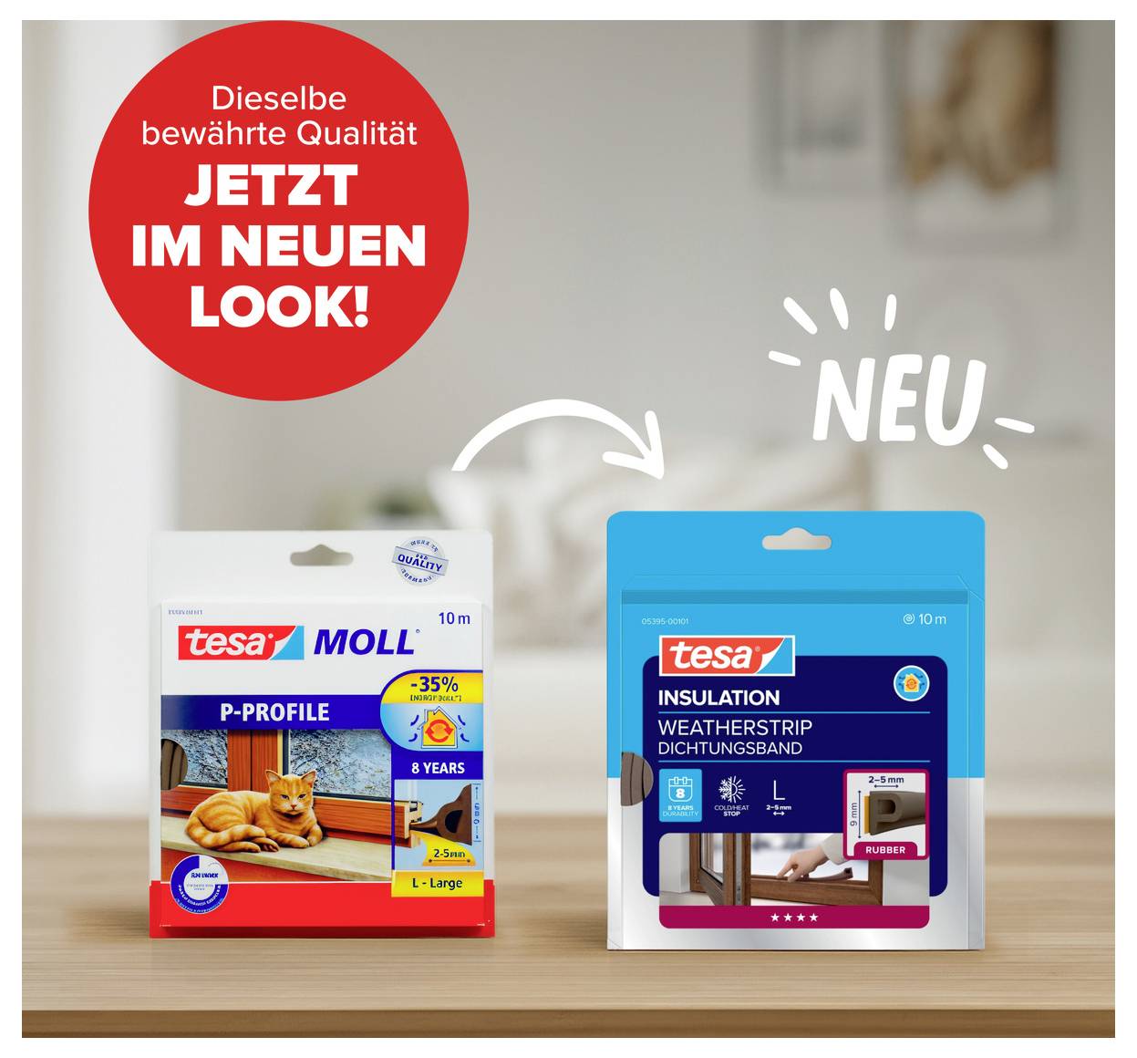 'Diese Abbildung zeigt zwei Verpackungen von Tesa Dichtungsbändern: eine alte und eine neue Version mit einem roten Hinweis 'DIESELBE bewährte QUALITÄT JETZT IM NEUEN LOOK!'.'