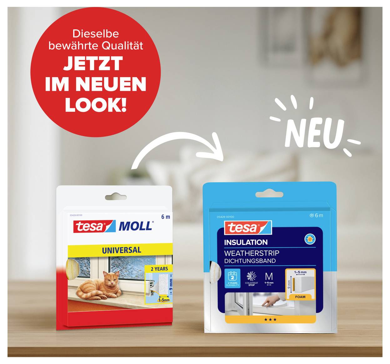 Eine Verpackung zeigt 'tesa MOLL Universal' mit einem Bild einer Katze, daneben die neue Verpackung mit Hinweis 'NEU' und 'Jetzt im neuen Look!'.