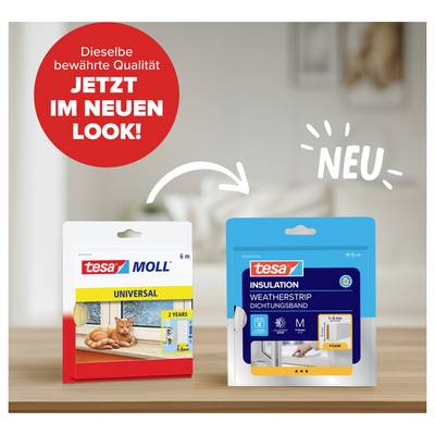 Eine Verpackung zeigt 'tesa MOLL Universal' mit einem Bild einer Katze, daneben die neue Verpackung mit Hinweis 'NEU' und 'Jetzt im neuen Look!'.