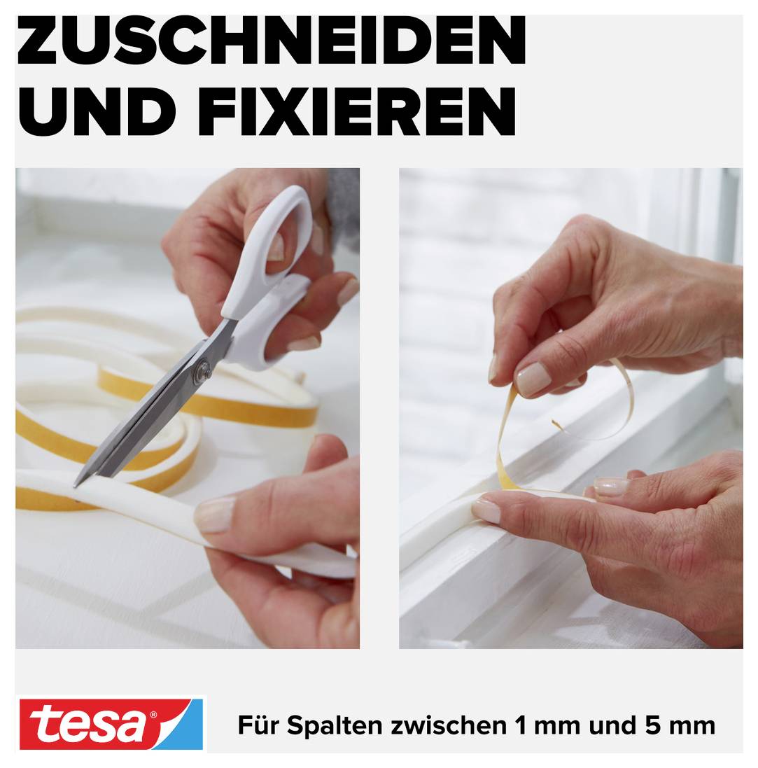 'Zuschneiden und fixieren' über zwei Bilder. Links: Schere schneidet Klebeband. Rechts: Hände bringen Klebeband an. Text unten: 'Für Spalten zwischen 1 mm und 5 mm'.