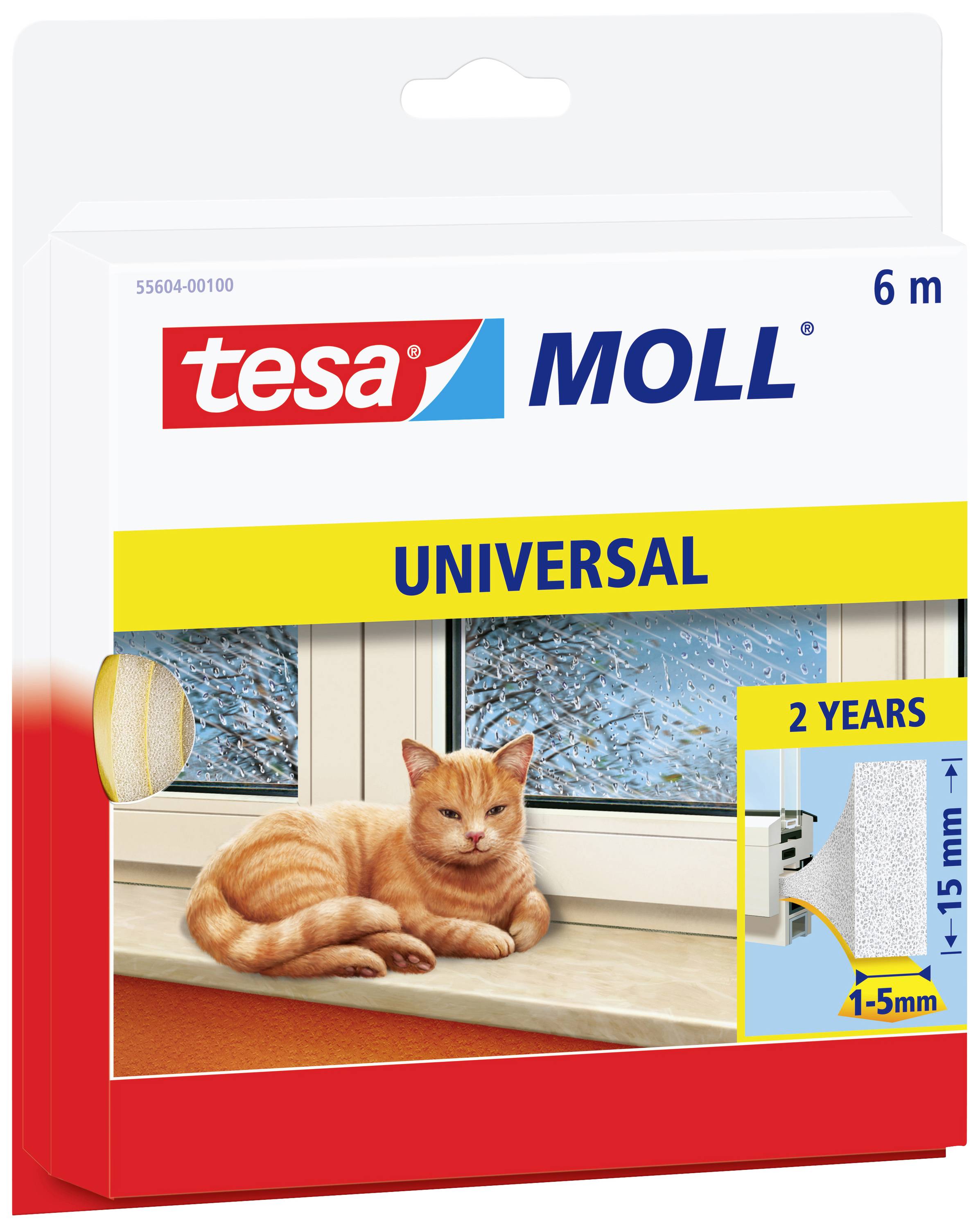 TESA Moll UNIVERSAL Schaumstoff-Dichtung, weiß, 15 mm x 6 m selbstklebend, für Spaltenbreiten von 1