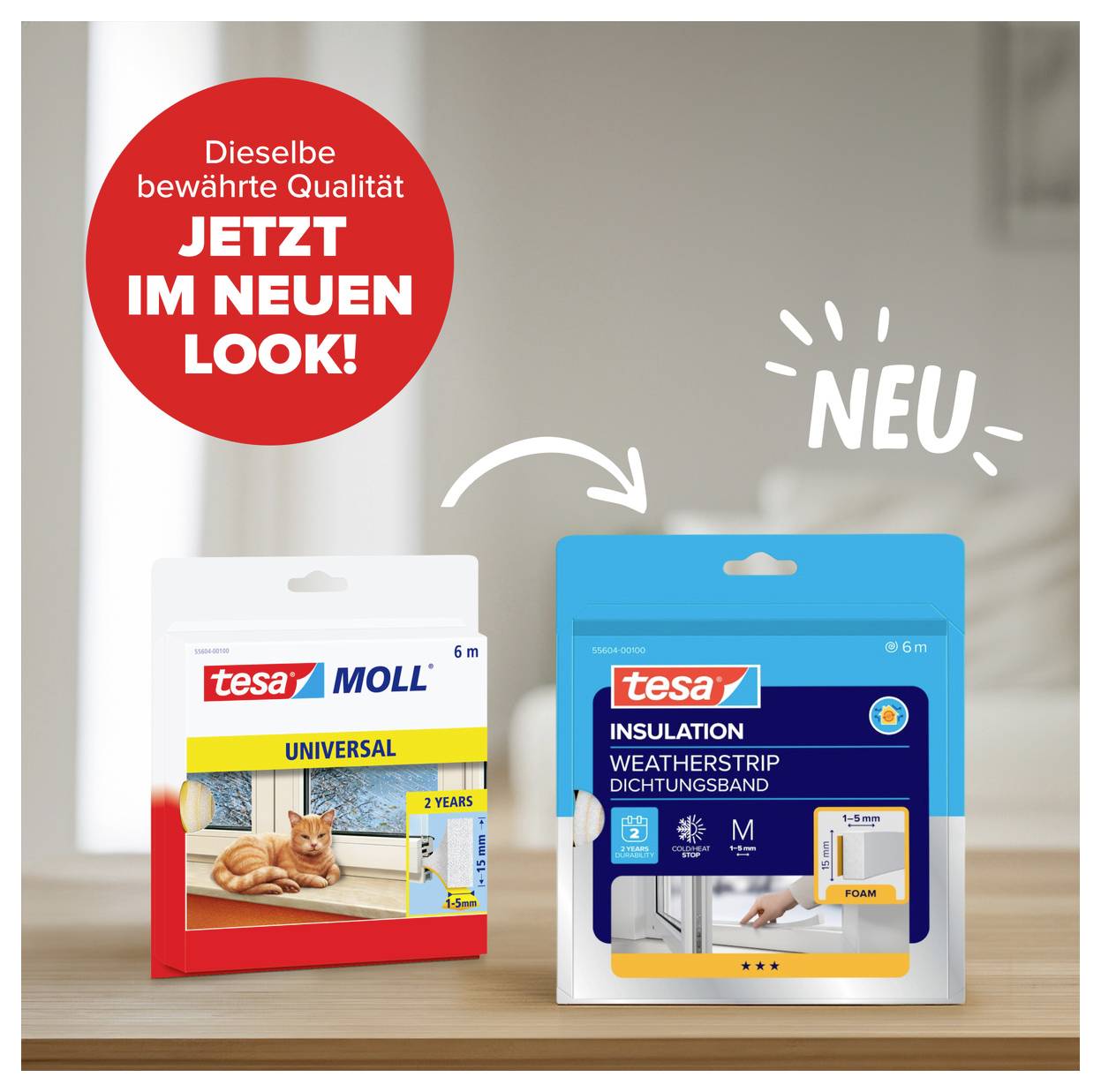 'Verpackungen von tesa: Links, ein weiß-rotes Design für Dichtungsband. Rechts, neues blaues Design mit "NEU" und Pfeil vom alten Design.'