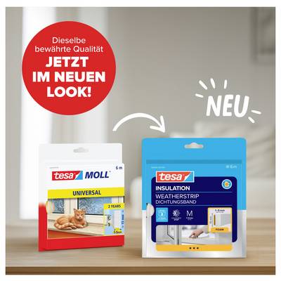 'Verpackungen von tesa: Links, ein weiß-rotes Design für Dichtungsband. Rechts, neues blaues Design mit "NEU" und Pfeil vom alten Design.'