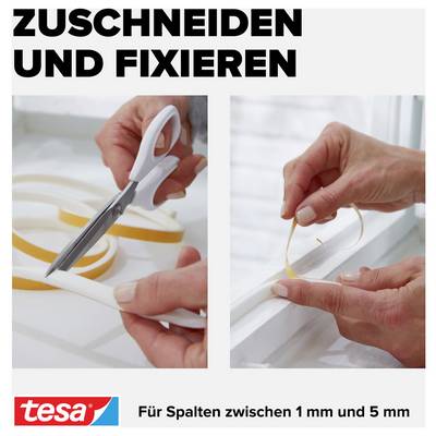 'Zuschneiden und Fixieren': Zwei Bilder zeigen das Schneiden und Anbringen von Dichtungsband mit einer Schere. Für Spalten 1-5 mm.