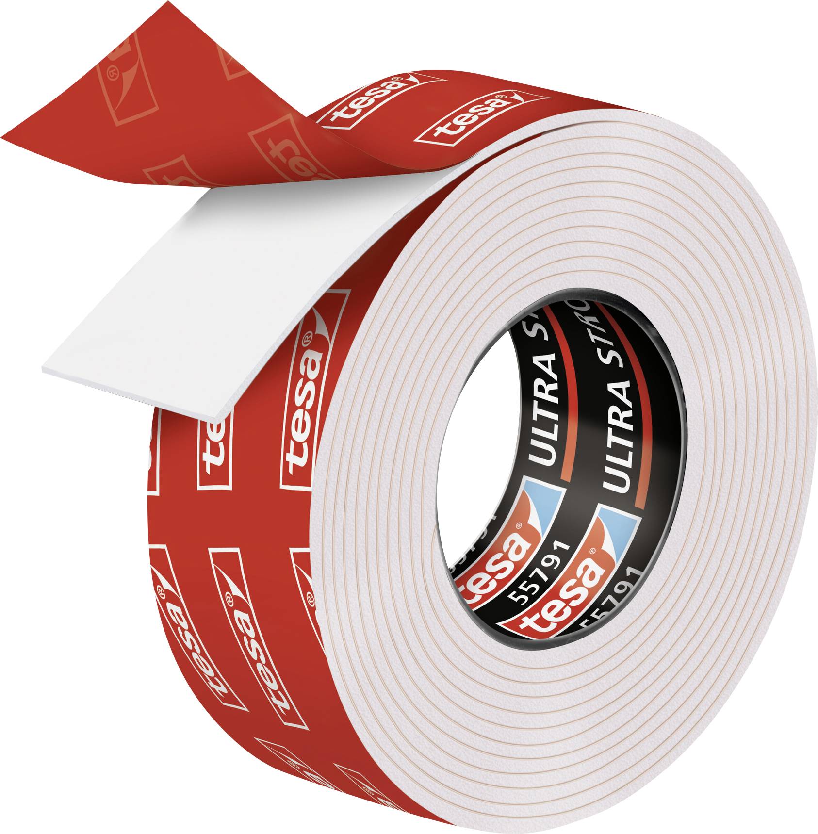 Eine Rolle von doppelseitigem Klebeband der Marke Tesa, teilweise abgerollt mit sichtbarer Klebefläche, zeigt das Produktdesign.