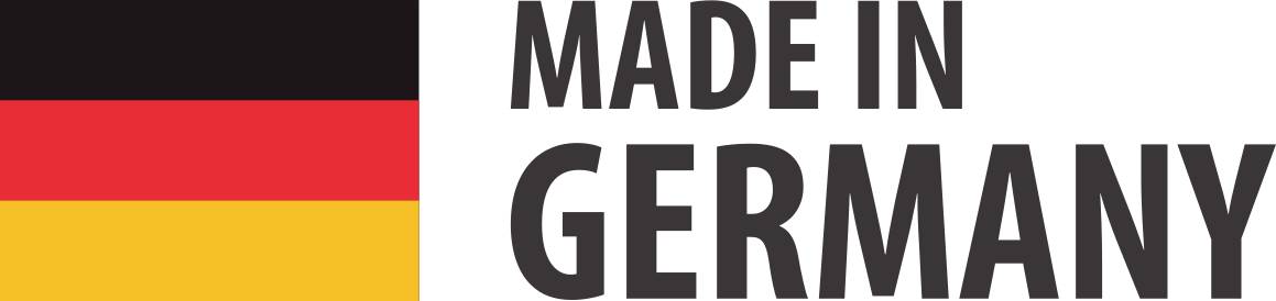 Flagge Deutschlands neben dem Text 'MADE IN GERMANY', der für in Deutschland hergestellte Produkte steht.