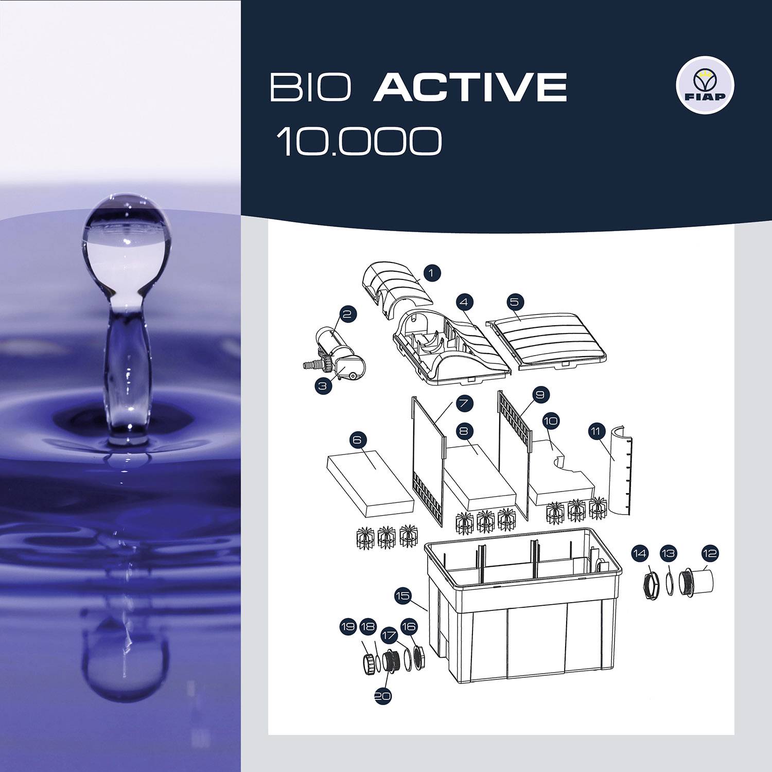 'Tropfen in Wasser, daneben technische Zeichnung mit Beschriftungen, die einzelne Teile eines BIO ACTIVE 10.000 Filtersystems zeigen.'