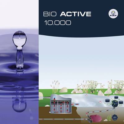 'BIO ACTIVE 10.000' Produktbild. Links: Wassertropfen auf Oberfläche. Rechts: Schema von Wasserreinigung mit Pflanzen und Filtern.
