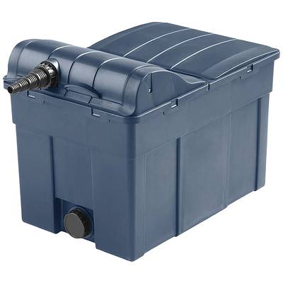 Ein rechteckiger, grob strukturierter, blauer Wasserfilter mit einem schwarzen Ablassventil und einem gerippten Einlassrohr.