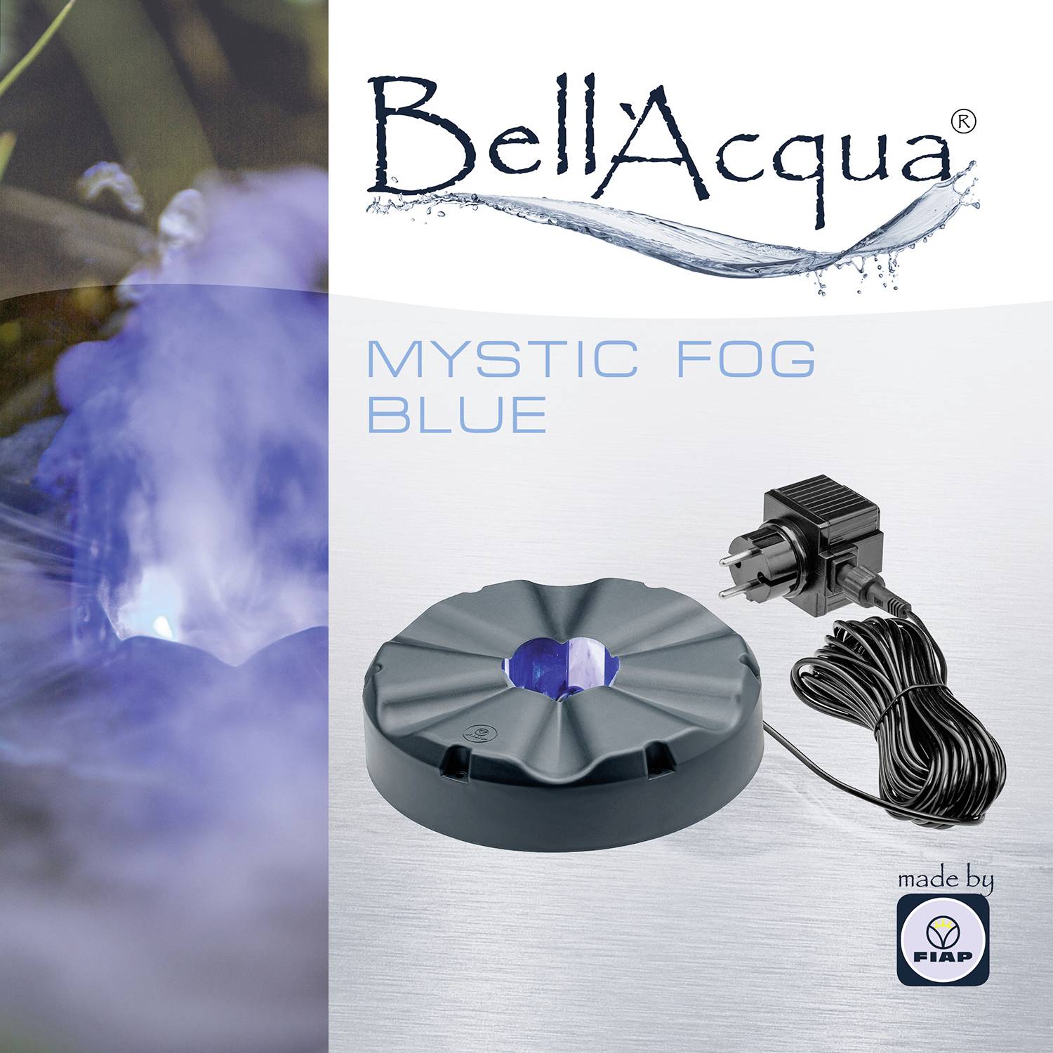 'BellAqua Mystic Fog Blau' Produkt mit einem grauen kreisförmigen Nebelgerät und Netzteil. Hergestellt von der Marke FIAP.