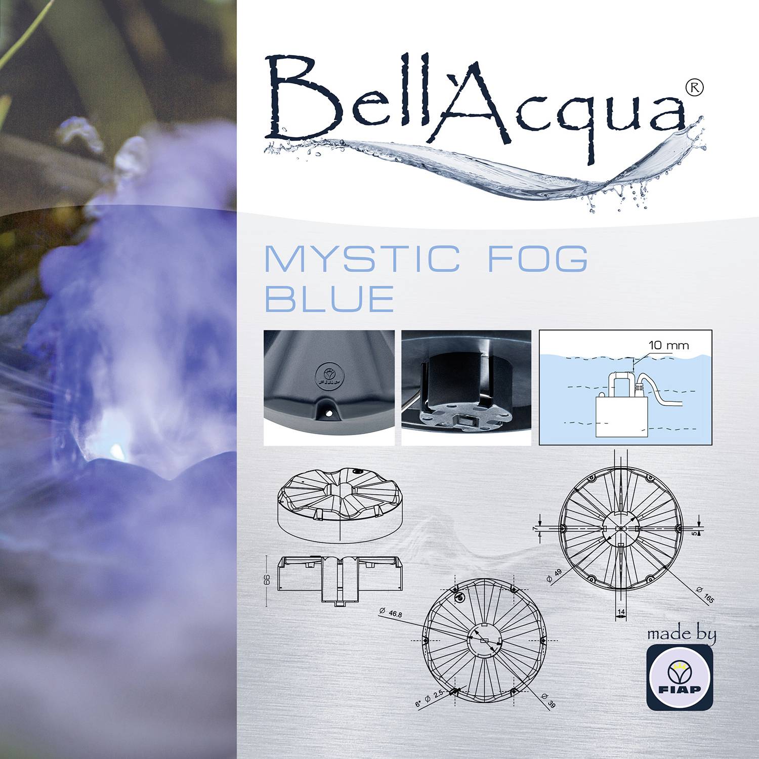 "BellAcqua Mystic Fog Blue" Verpackungsdesign mit blauem Nebel. Enthält Diagramme mit Produktabmessungen und Installationsbeispielen. Hergestellt von FIAP.